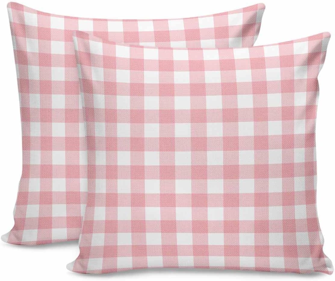 2 Packs Decorative Cotton Throw Pillow Covers, Pink Gingham Buffalo Check 18 x 18 Inch Square Reversible Soft Cushion Case for Couch Bedroom Sofa Living Room Chair Car