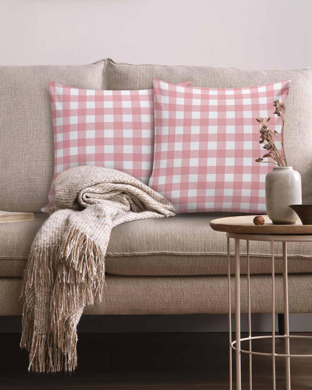 2 Packs Decorative Cotton Throw Pillow Covers, Pink Gingham Buffalo Check 18 x 18 Inch Square Reversible Soft Cushion Case for Couch Bedroom Sofa Living Room Chair Car