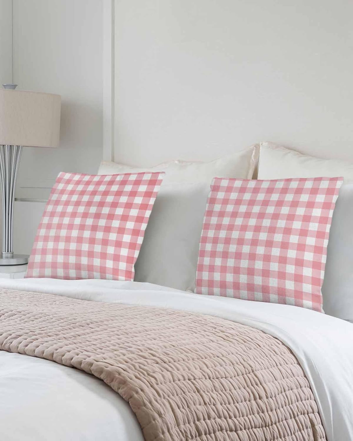2 Packs Decorative Cotton Throw Pillow Covers, Pink Gingham Buffalo Check 18 x 18 Inch Square Reversible Soft Cushion Case for Couch Bedroom Sofa Living Room Chair Car
