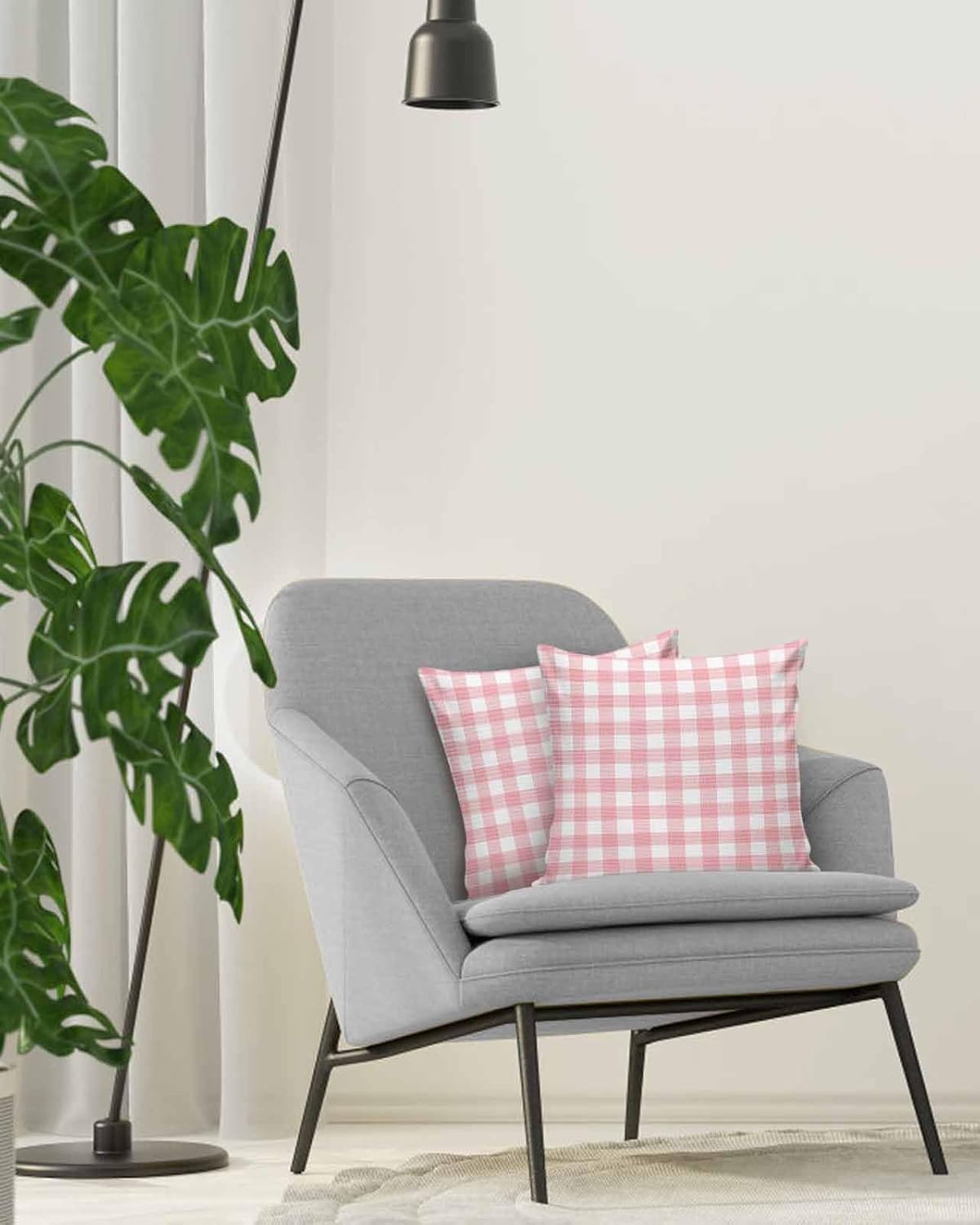 2 Packs Decorative Cotton Throw Pillow Covers, Pink Gingham Buffalo Check 18 x 18 Inch Square Reversible Soft Cushion Case for Couch Bedroom Sofa Living Room Chair Car