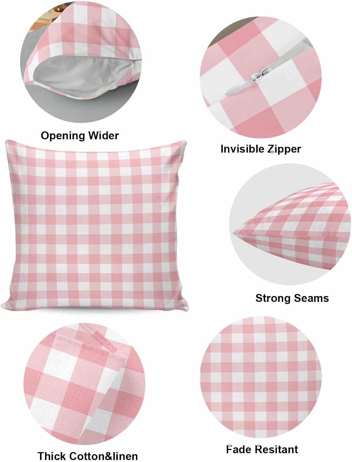 2 Packs Decorative Cotton Throw Pillow Covers, Pink Gingham Buffalo Check 18 x 18 Inch Square Reversible Soft Cushion Case for Couch Bedroom Sofa Living Room Chair Car