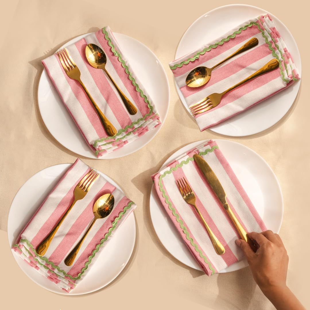 Folkulture Napkins | Set of 4, 18 inches | Spring Decor Kitchen Table Decor - Reusable Cotton Party Spring Napkin | Pink & White Striped, Embroidered | House Warming Gifts New Home Essentials