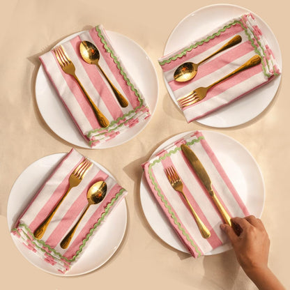 Folkulture Napkins | Set of 4, 18 inches | Spring Decor Kitchen Table Decor - Reusable Cotton Party Spring Napkin | Pink & White Striped, Embroidered | House Warming Gifts New Home Essentials