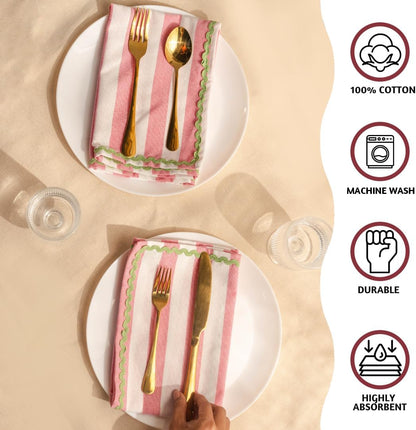 Folkulture Napkins | Set of 4, 18 inches | Spring Decor Kitchen Table Decor - Reusable Cotton Party Spring Napkin | Pink & White Striped, Embroidered | House Warming Gifts New Home Essentials