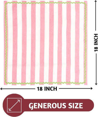 Folkulture Napkins | Set of 4, 18 inches | Spring Decor Kitchen Table Decor - Reusable Cotton Party Spring Napkin | Pink & White Striped, Embroidered | House Warming Gifts New Home Essentials
