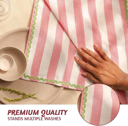 Folkulture Napkins | Set of 4, 18 inches | Spring Decor Kitchen Table Decor - Reusable Cotton Party Spring Napkin | Pink & White Striped, Embroidered | House Warming Gifts New Home Essentials