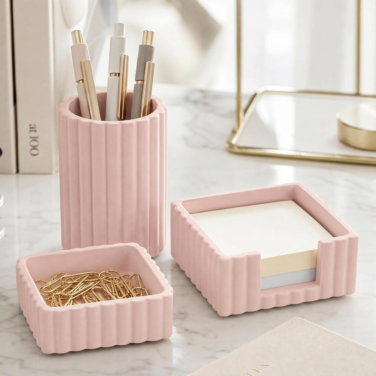 Modern Aesthetic Desk Accessories Set of 3 - Pink Concrete Organizers