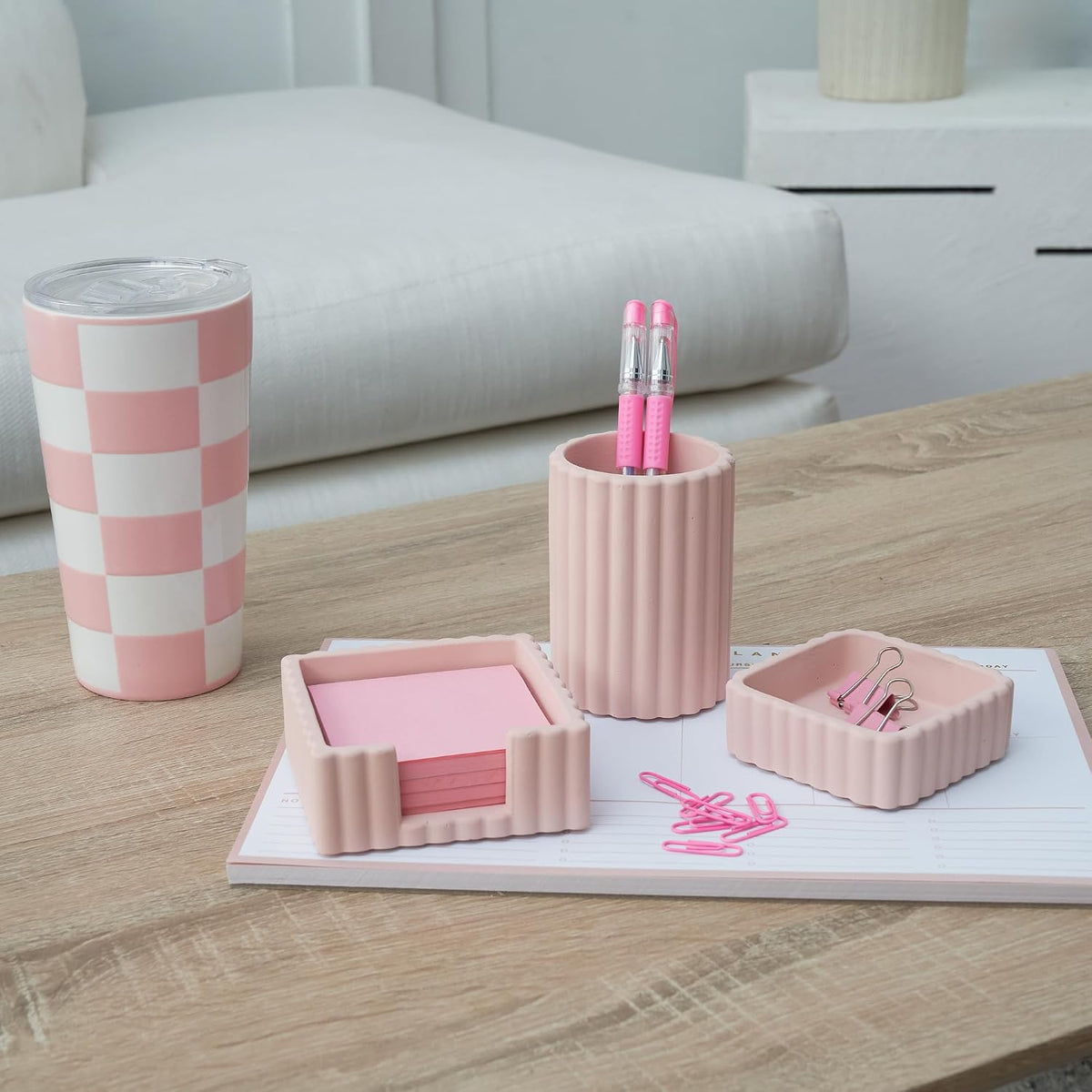 Modern Aesthetic Desk Accessories Set of 3 - Pink Concrete Organizers