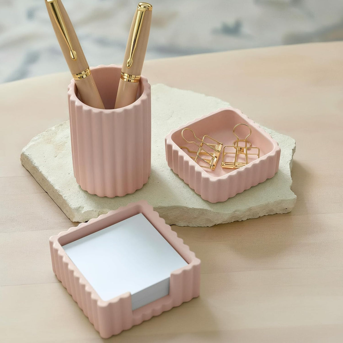 Modern Aesthetic Desk Accessories Set of 3 - Pink Concrete Organizers