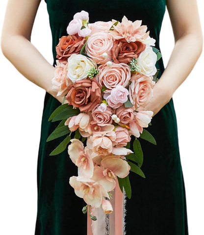 9.1Inch Peach Pink Cascading Bridal Bouquet for Bride Artificial Pink Rose Cascade Bridal Flower Bride Wedding Bouquet Peach Pink