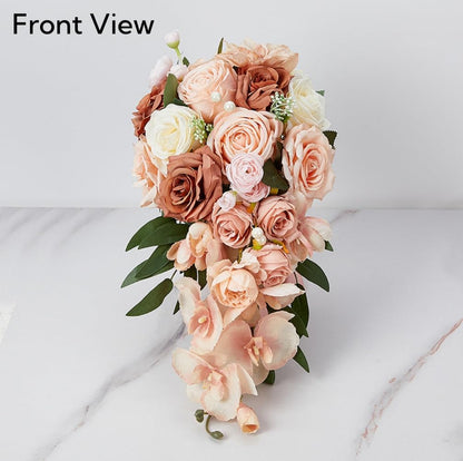 9.1Inch Peach Pink Cascading Bridal Bouquet for Bride Artificial Pink Rose Cascade Bridal Flower Bride Wedding Bouquet Peach Pink