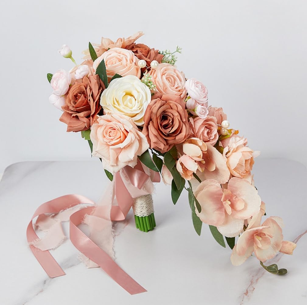 9.1Inch Peach Pink Cascading Bridal Bouquet for Bride Artificial Pink Rose Cascade Bridal Flower Bride Wedding Bouquet Peach Pink