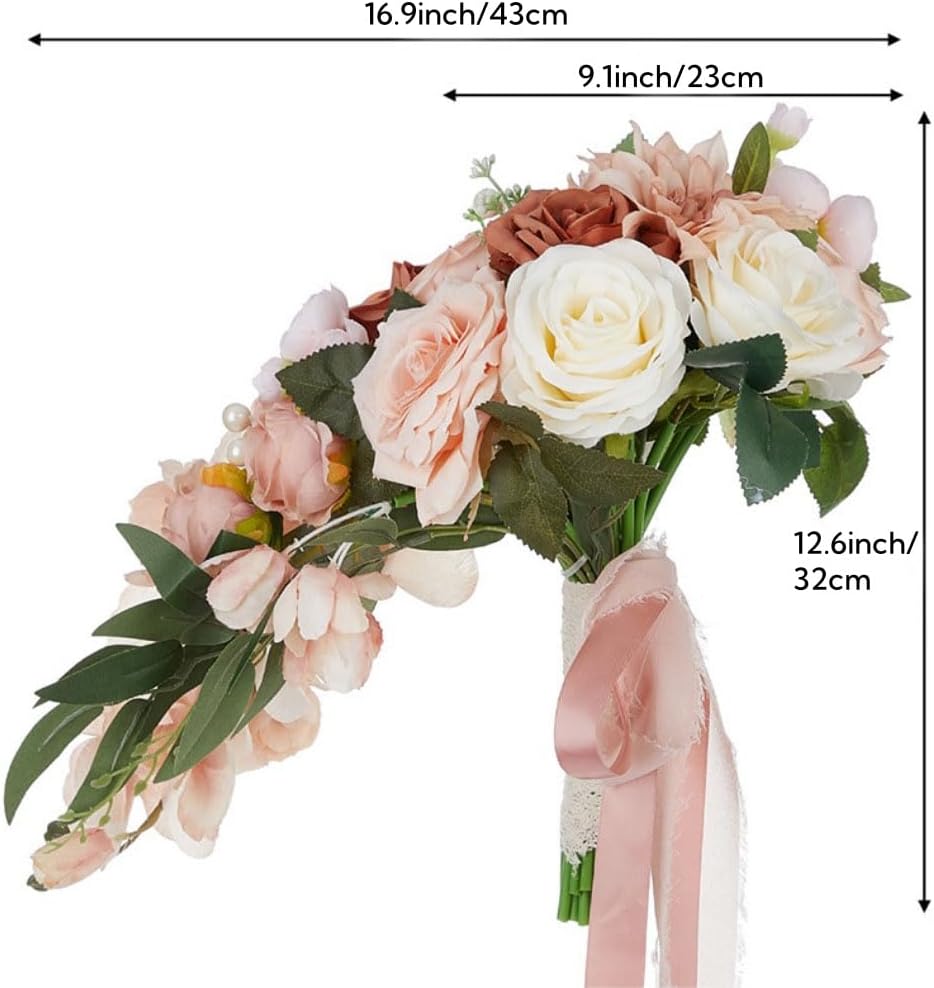 9.1Inch Peach Pink Cascading Bridal Bouquet for Bride Artificial Pink Rose Cascade Bridal Flower Bride Wedding Bouquet Peach Pink