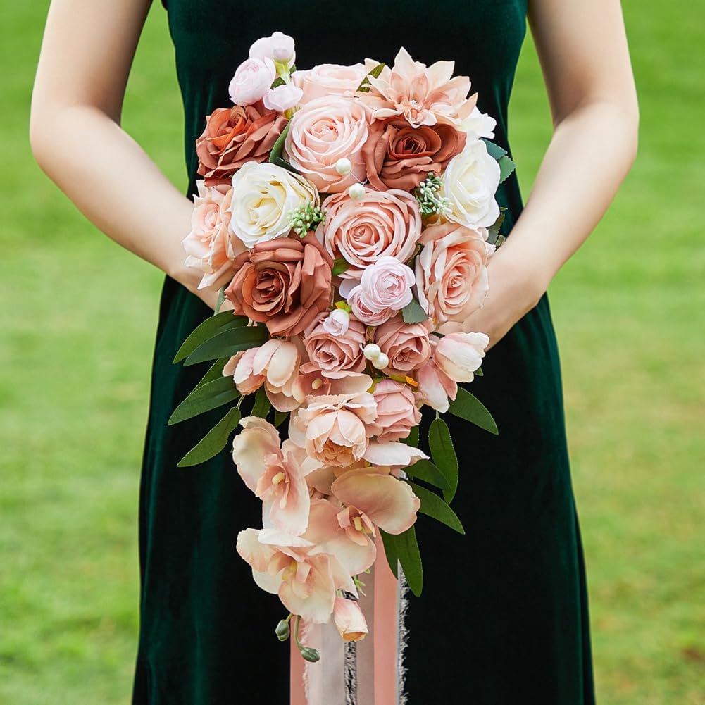 9.1Inch Peach Pink Cascading Bridal Bouquet for Bride Artificial Pink Rose Cascade Bridal Flower Bride Wedding Bouquet Peach Pink
