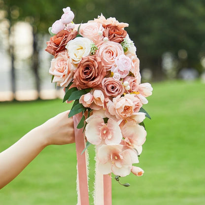 9.1Inch Peach Pink Cascading Bridal Bouquet for Bride Artificial Pink Rose Cascade Bridal Flower Bride Wedding Bouquet Peach Pink