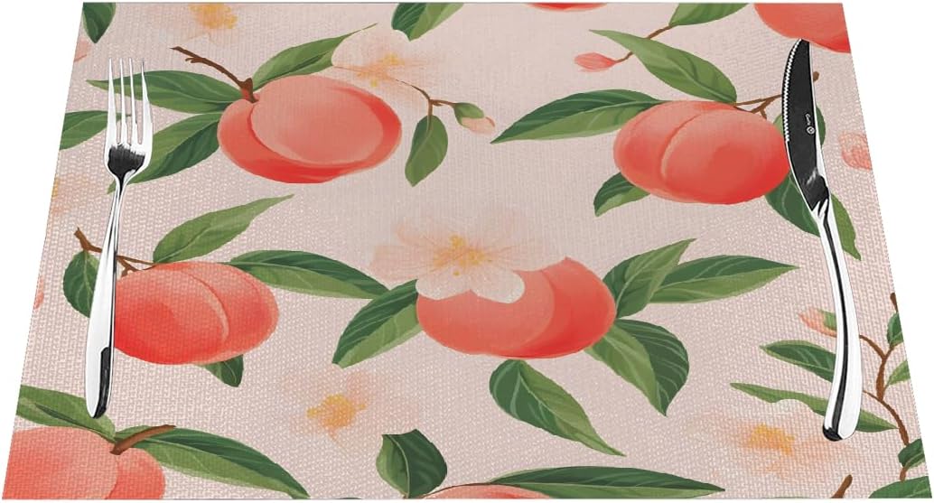 Red Pink Peach Flower Placemats Set of 6 PVC Placemats, Heat-Resistant Washable Table Mats for Kitchen Dining Table Woven Vinyl Place Mat