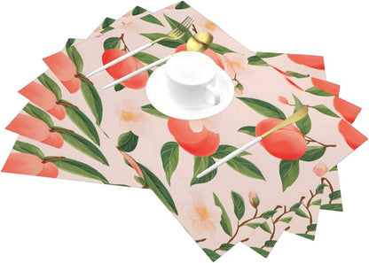 Red Pink Peach Flower Placemats Set of 6 PVC Placemats, Heat-Resistant Washable Table Mats for Kitchen Dining Table Woven Vinyl Place Mat