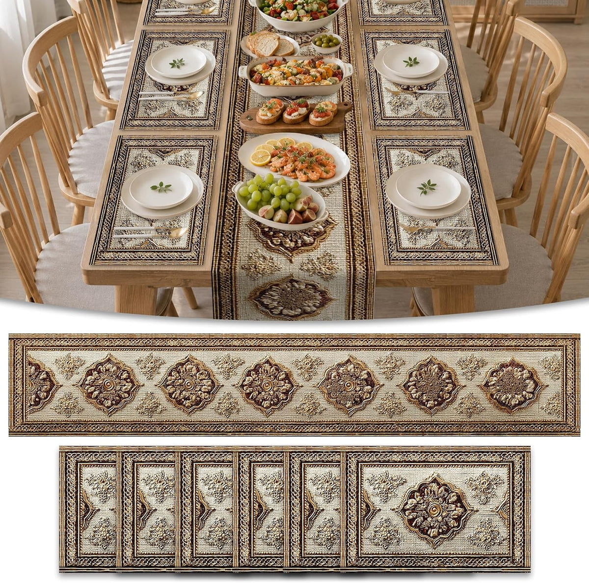 Square placemats Set of 7 Table Runner and placemats Pink Floral&Vintage Pattern Linen-Cotton Tablerunner(72X13inch)&6 Placemats(11.8X17.7) Table Setting Supplies Cafe,Family Dinner