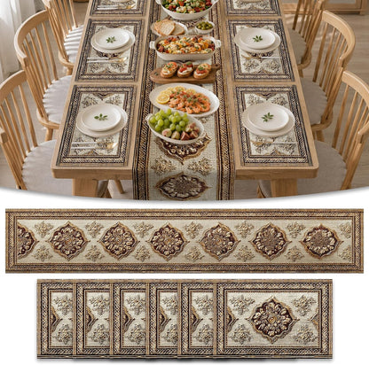 Square placemats Set of 7 Table Runner and placemats Pink Floral&Vintage Pattern Linen-Cotton Tablerunner(72X13inch)&6 Placemats(11.8X17.7) Table Setting Supplies Cafe,Family Dinner