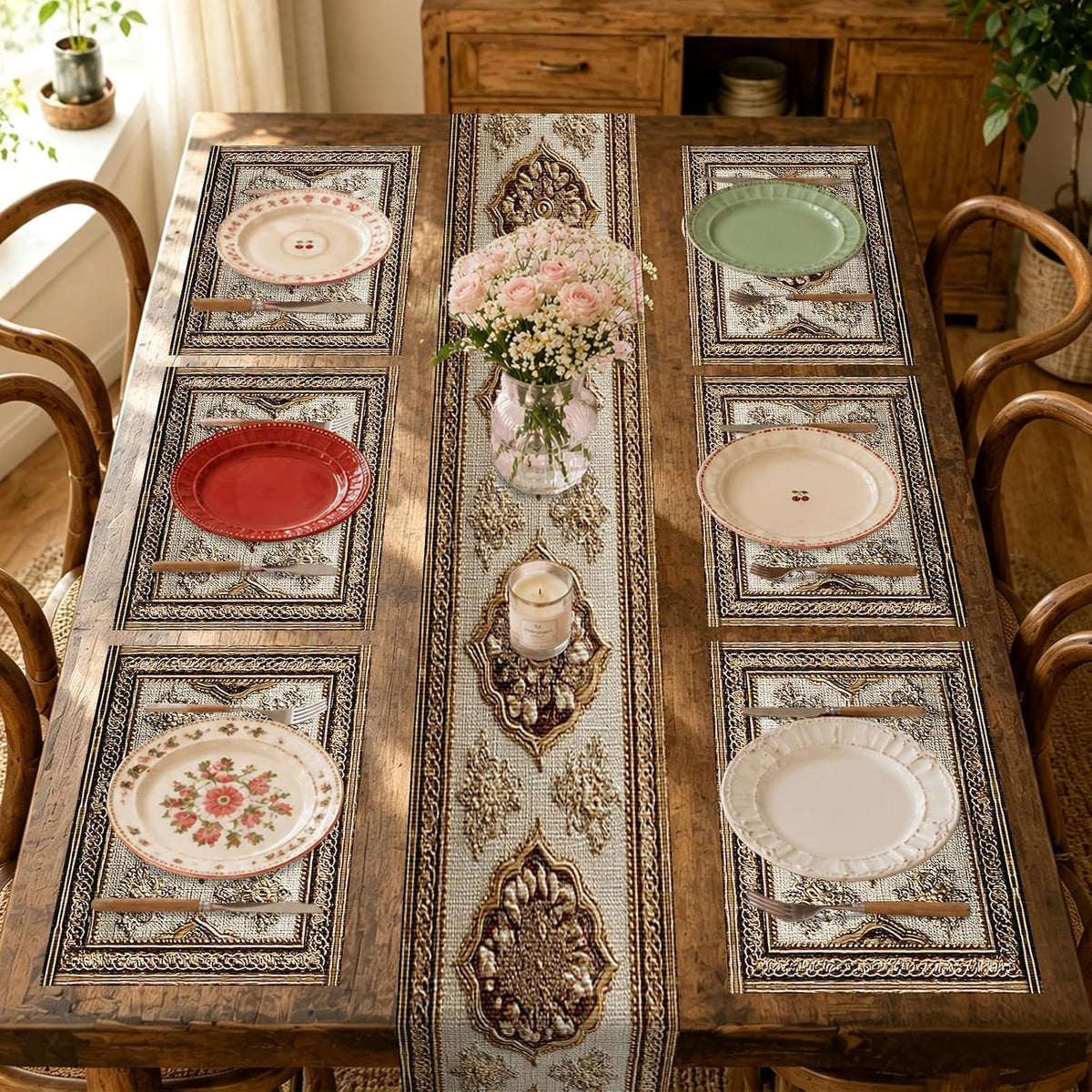 Square placemats Set of 7 Table Runner and placemats Pink Floral&Vintage Pattern Linen-Cotton Tablerunner(72X13inch)&6 Placemats(11.8X17.7) Table Setting Supplies Cafe,Family Dinner
