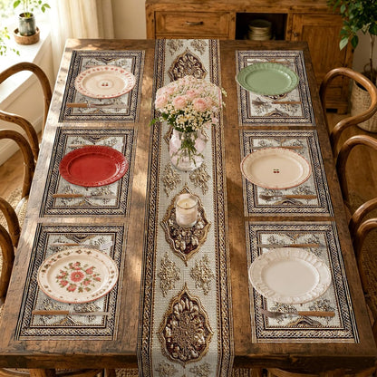 Square placemats Set of 7 Table Runner and placemats Pink Floral&Vintage Pattern Linen-Cotton Tablerunner(72X13inch)&6 Placemats(11.8X17.7) Table Setting Supplies Cafe,Family Dinner