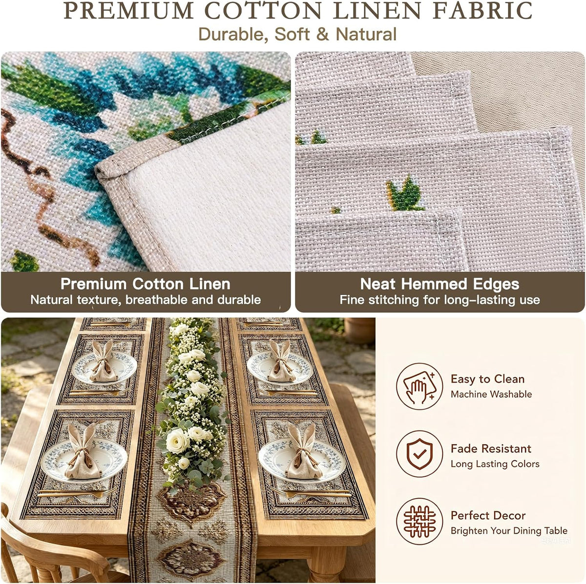 Square placemats Set of 7 Table Runner and placemats Pink Floral&Vintage Pattern Linen-Cotton Tablerunner(72X13inch)&6 Placemats(11.8X17.7) Table Setting Supplies Cafe,Family Dinner