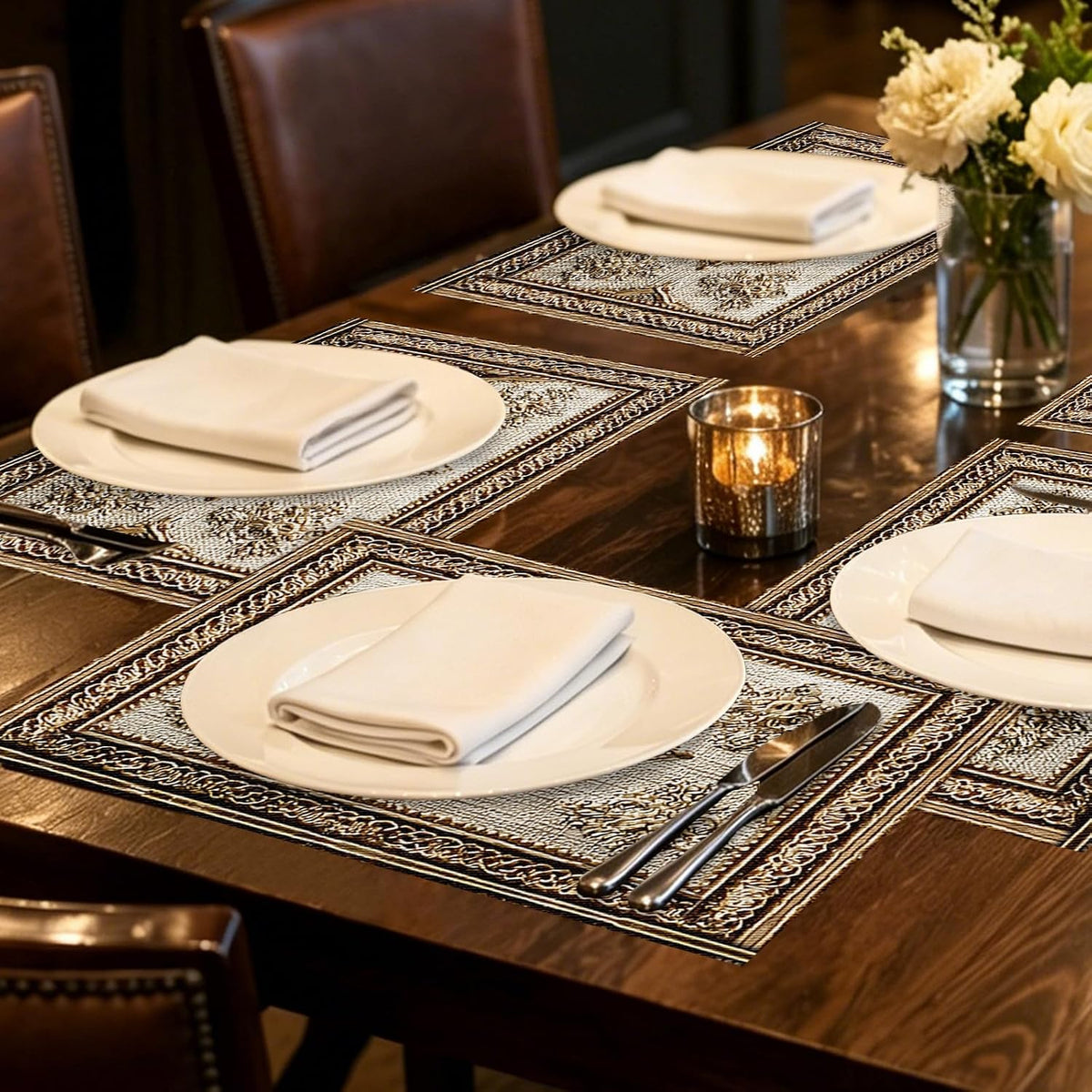 Square placemats Set of 7 Table Runner and placemats Pink Floral&Vintage Pattern Linen-Cotton Tablerunner(72X13inch)&6 Placemats(11.8X17.7) Table Setting Supplies Cafe,Family Dinner