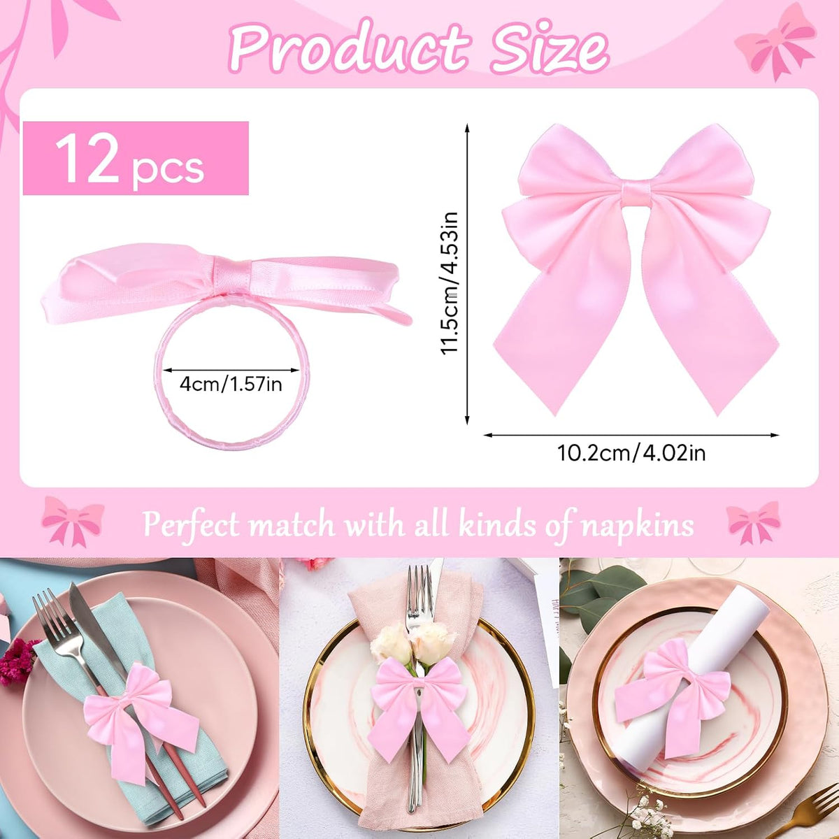 Bow Napkin Ring Set of 12, Pink Napkin Ring Holder Satin Pink Bow Napkin Buckle Bowknot Dinner Table Ring for Bow Party Decorations Coquette Party Bachelorette Bridal Baby Shower Wedding