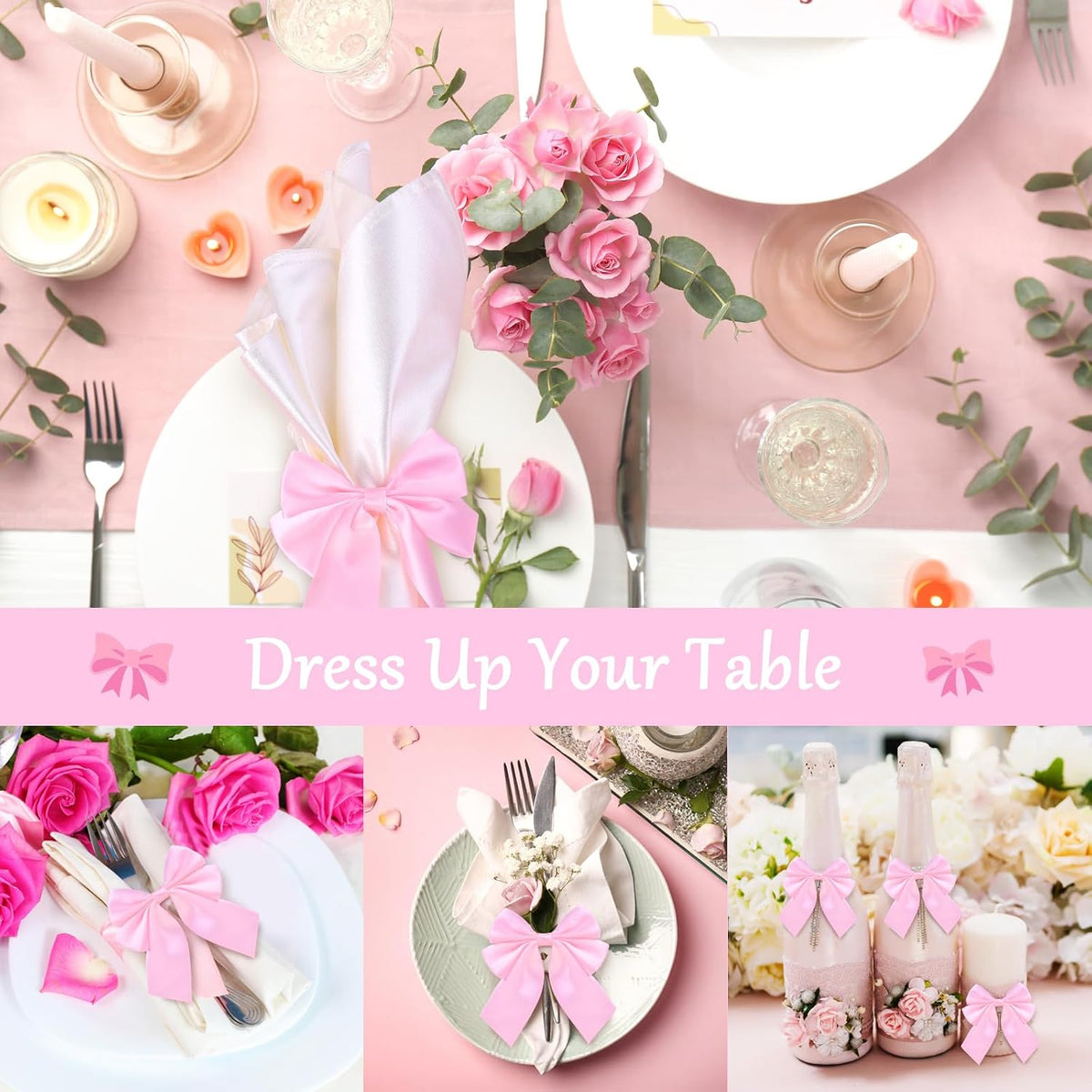 Bow Napkin Ring Set of 12, Pink Napkin Ring Holder Satin Pink Bow Napkin Buckle Bowknot Dinner Table Ring for Bow Party Decorations Coquette Party Bachelorette Bridal Baby Shower Wedding