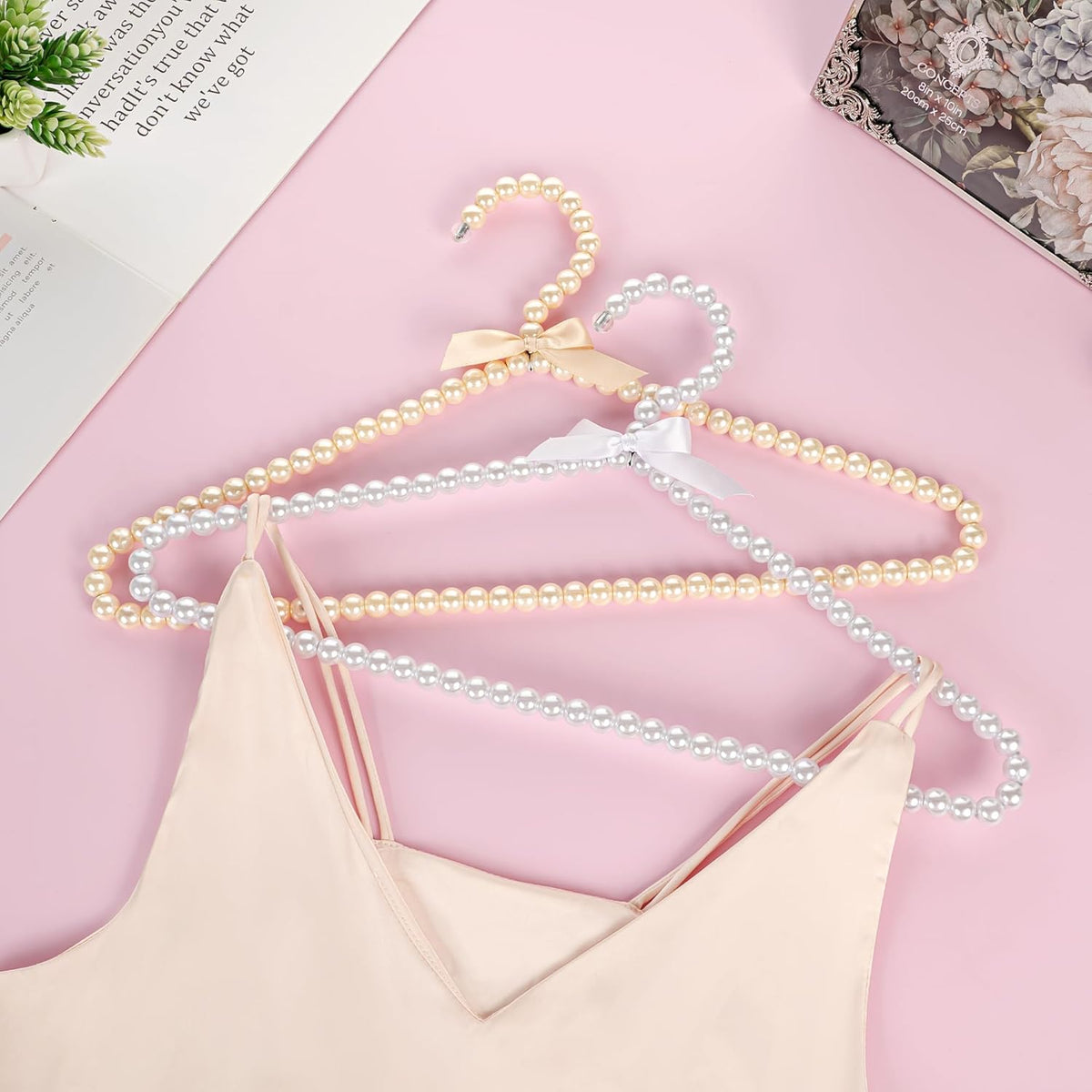 Concepts Premium Heavy Duty Pearl Hangers with Pink Ribbon Trim for Wedding and Engagement Gowns - Slim Design Also Can Be Used for Suits and Shirts (White Pearl, 8 Pack)