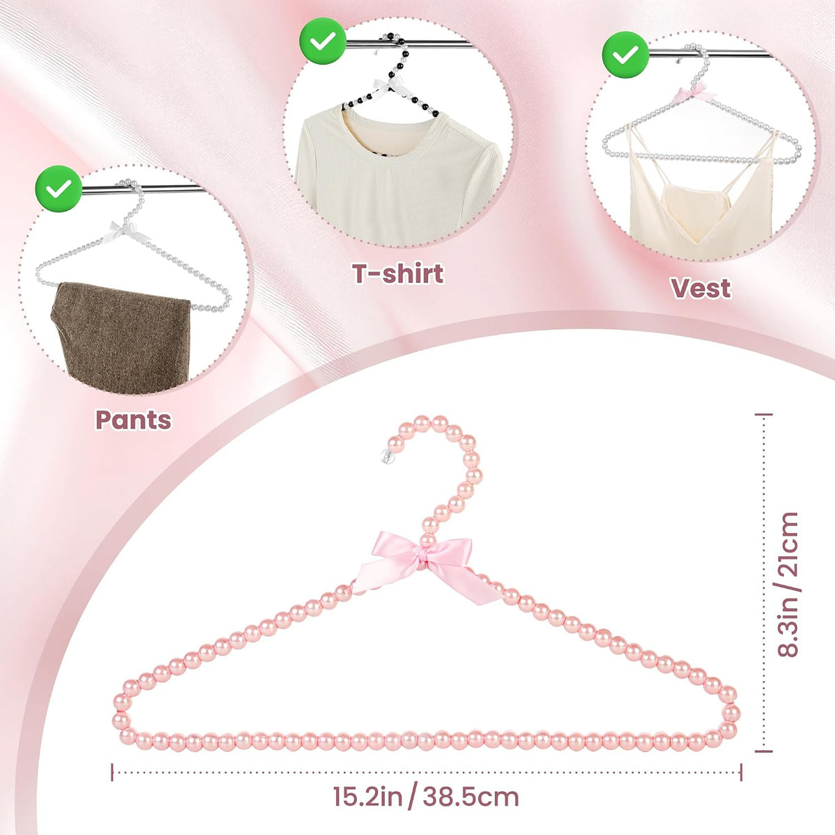 Concepts Premium Heavy Duty Pearl Hangers with Pink Ribbon Trim for Wedding and Engagement Gowns - Slim Design Also Can Be Used for Suits and Shirts (White Pearl, 8 Pack)