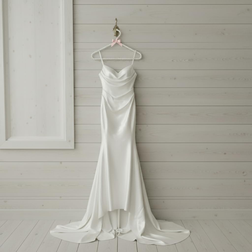 Concepts Premium Heavy Duty Pearl Hangers with Pink Ribbon Trim for Wedding and Engagement Gowns - Slim Design Also Can Be Used for Suits and Shirts (White Pearl, 8 Pack)