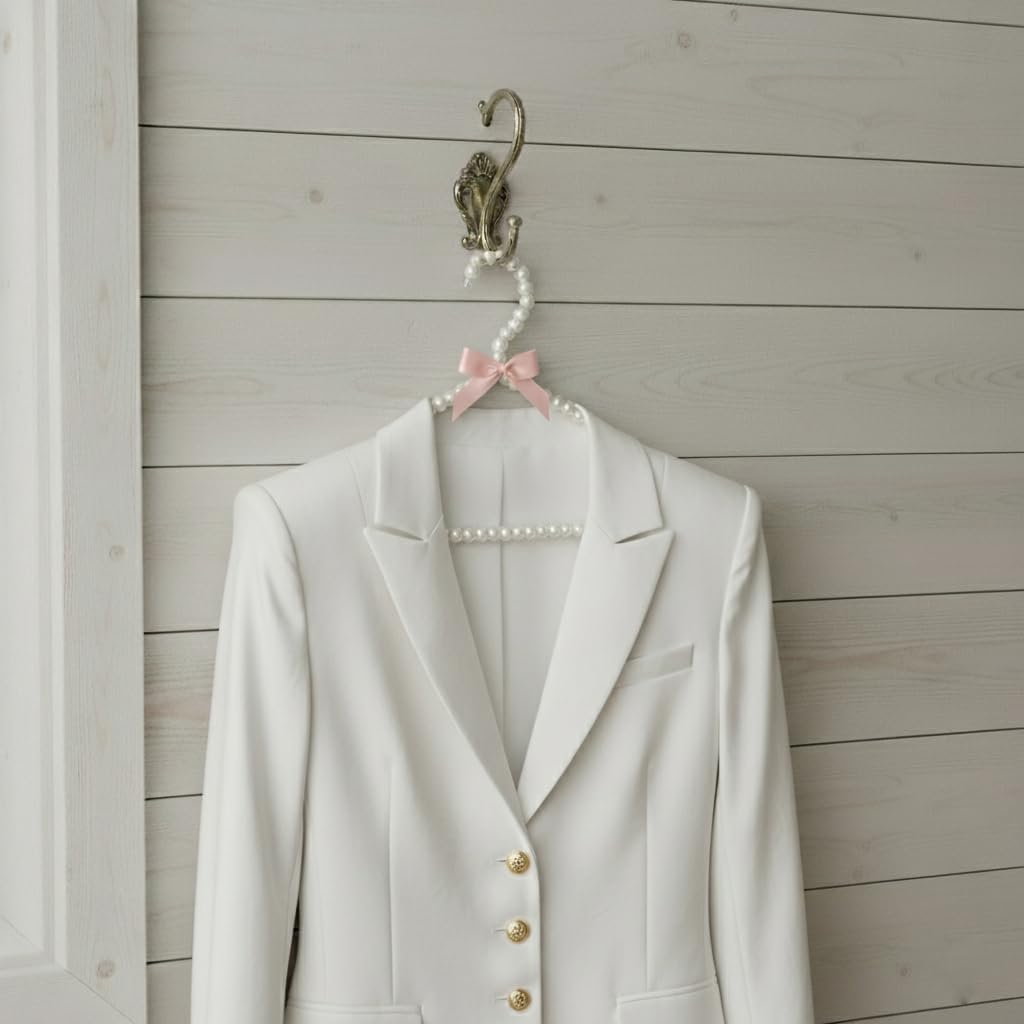 Concepts Premium Heavy Duty Pearl Hangers with Pink Ribbon Trim for Wedding and Engagement Gowns - Slim Design Also Can Be Used for Suits and Shirts (White Pearl, 8 Pack)
