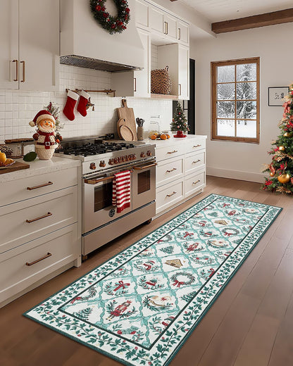 Christmas Runners for Hallway Non Slip, 2x6 Washable Kitchen Runner Rug Christmas Tree Print Floor Runner with Coquette Bow Pattern Low-Pile Holiday Carpet for Entryway Bedroom, Beige Green