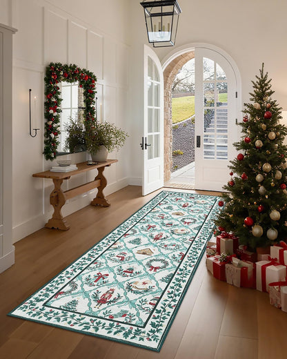 Christmas Runners for Hallway Non Slip, 2x6 Washable Kitchen Runner Rug Christmas Tree Print Floor Runner with Coquette Bow Pattern Low-Pile Holiday Carpet for Entryway Bedroom, Beige Green