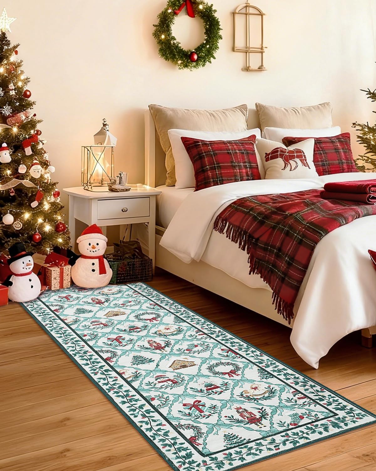 Christmas Runners for Hallway Non Slip, 2x6 Washable Kitchen Runner Rug Christmas Tree Print Floor Runner with Coquette Bow Pattern Low-Pile Holiday Carpet for Entryway Bedroom, Beige Green