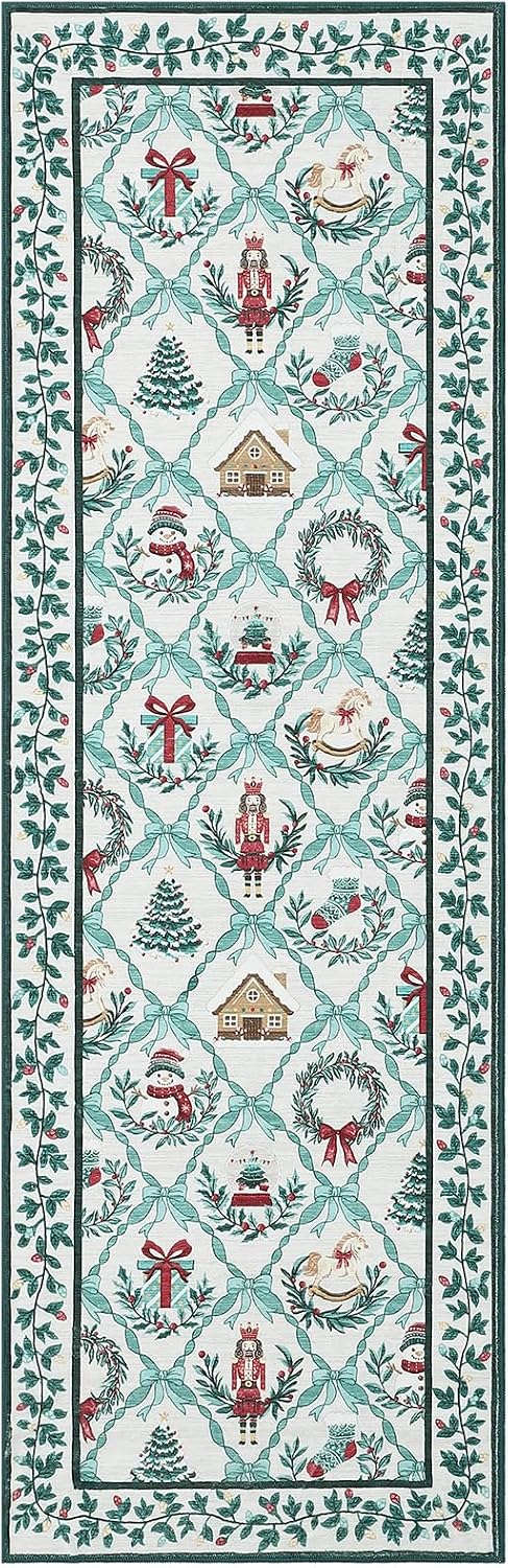 Christmas Runners for Hallway Non Slip, 2x6 Washable Kitchen Runner Rug Christmas Tree Print Floor Runner with Coquette Bow Pattern Low-Pile Holiday Carpet for Entryway Bedroom, Beige Green