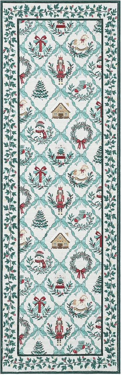 Christmas Runners for Hallway Non Slip, 2x6 Washable Kitchen Runner Rug Christmas Tree Print Floor Runner with Coquette Bow Pattern Low-Pile Holiday Carpet for Entryway Bedroom, Beige Green