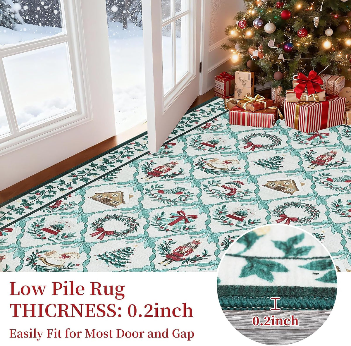 Christmas Runners for Hallway Non Slip, 2x6 Washable Kitchen Runner Rug Christmas Tree Print Floor Runner with Coquette Bow Pattern Low-Pile Holiday Carpet for Entryway Bedroom, Beige Green