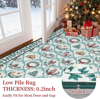 Christmas Runners for Hallway Non Slip, 2x6 Washable Kitchen Runner Rug Christmas Tree Print Floor Runner with Coquette Bow Pattern Low-Pile Holiday Carpet for Entryway Bedroom, Beige Green