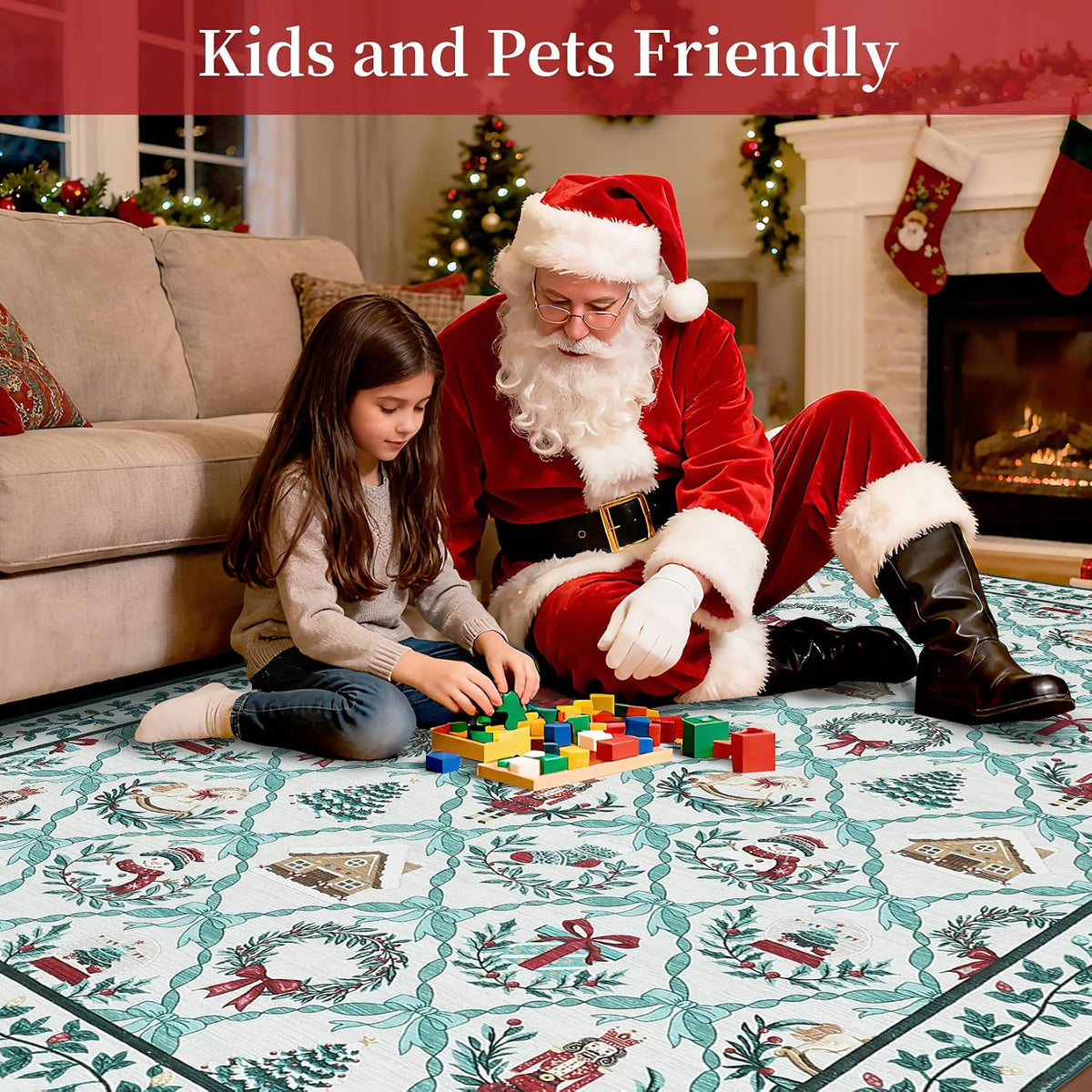 Christmas Runners for Hallway Non Slip, 2x6 Washable Kitchen Runner Rug Christmas Tree Print Floor Runner with Coquette Bow Pattern Low-Pile Holiday Carpet for Entryway Bedroom, Beige Green