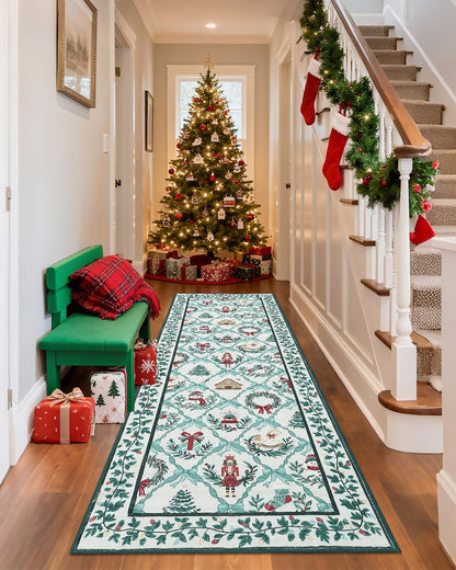 Christmas Runners for Hallway Non Slip, 2x6 Washable Kitchen Runner Rug Christmas Tree Print Floor Runner with Coquette Bow Pattern Low-Pile Holiday Carpet for Entryway Bedroom, Beige Green