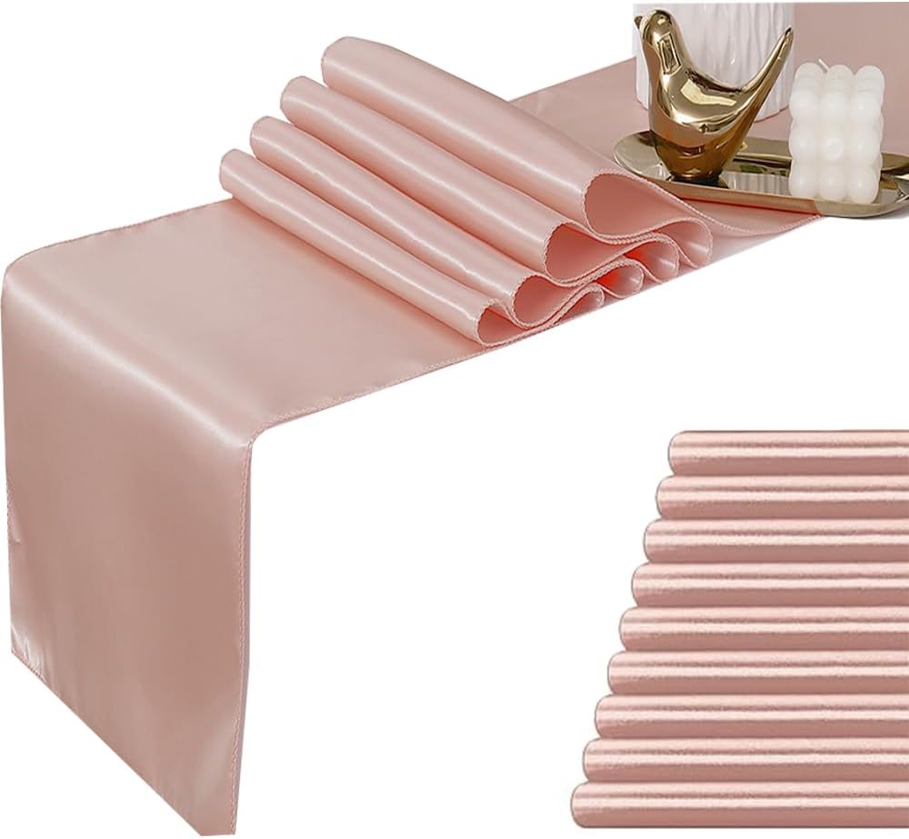 10 Pack Satin Table Runner Blush Pink 12 x 108 inches Long, Light Pink Table Runners for Wedding, Party, Birthday Decor