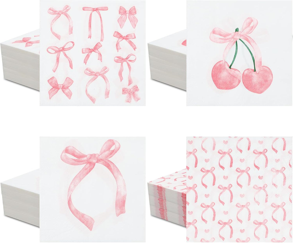 100 Pcs 5 x 5 Inch Pink Bow Paper Napkins, 4 Styles 2 Ply Paper