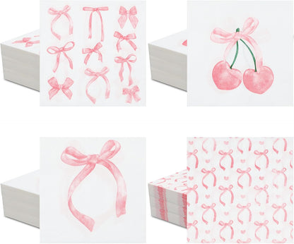 100 Pcs 5 x 5 Inch Pink Bow Paper Napkins, 4 Styles 2 Ply Paper