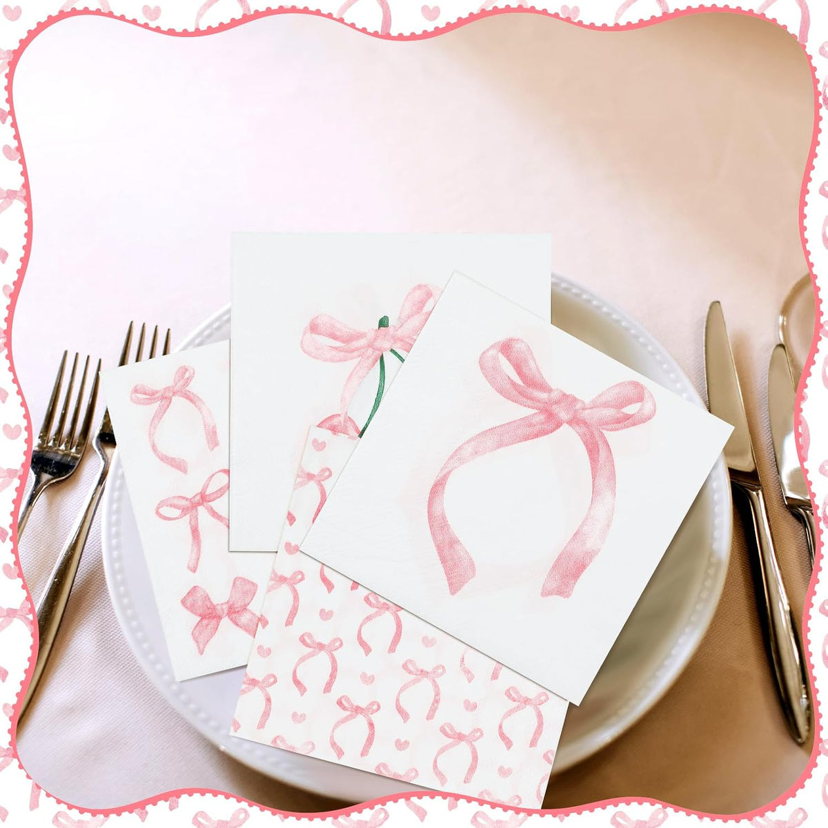 100 Pcs 5 x 5 Inch Pink Bow Paper Napkins, 4 Styles 2 Ply Paper