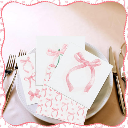 100 Pcs 5 x 5 Inch Pink Bow Paper Napkins, 4 Styles 2 Ply Paper