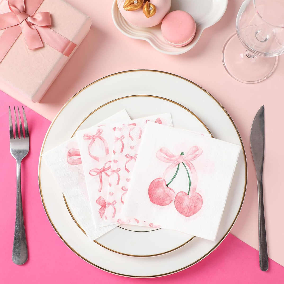 100 Pcs 5 x 5 Inch Pink Bow Paper Napkins, 4 Styles 2 Ply Paper