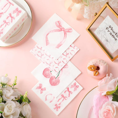 100 Pcs 5 x 5 Inch Pink Bow Paper Napkins, 4 Styles 2 Ply Paper