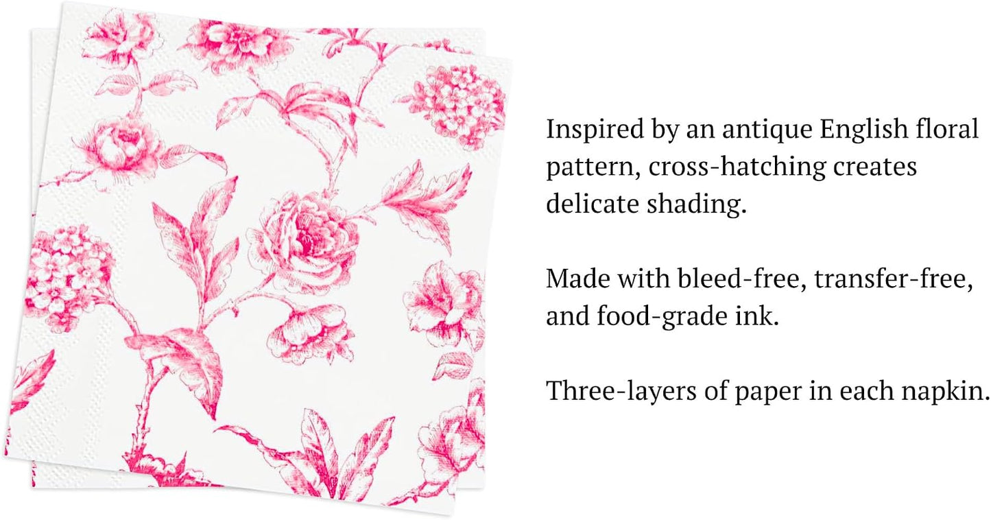 Stxy's 3-PLY Pink Floral Napkins (60ct) (Smudge Free & Food Grade Ink) Toile Pink and White Floral Cocktail Napkins Flower Cocktail Napkin for girls baby shower, Decoupage, girly birthday party decor